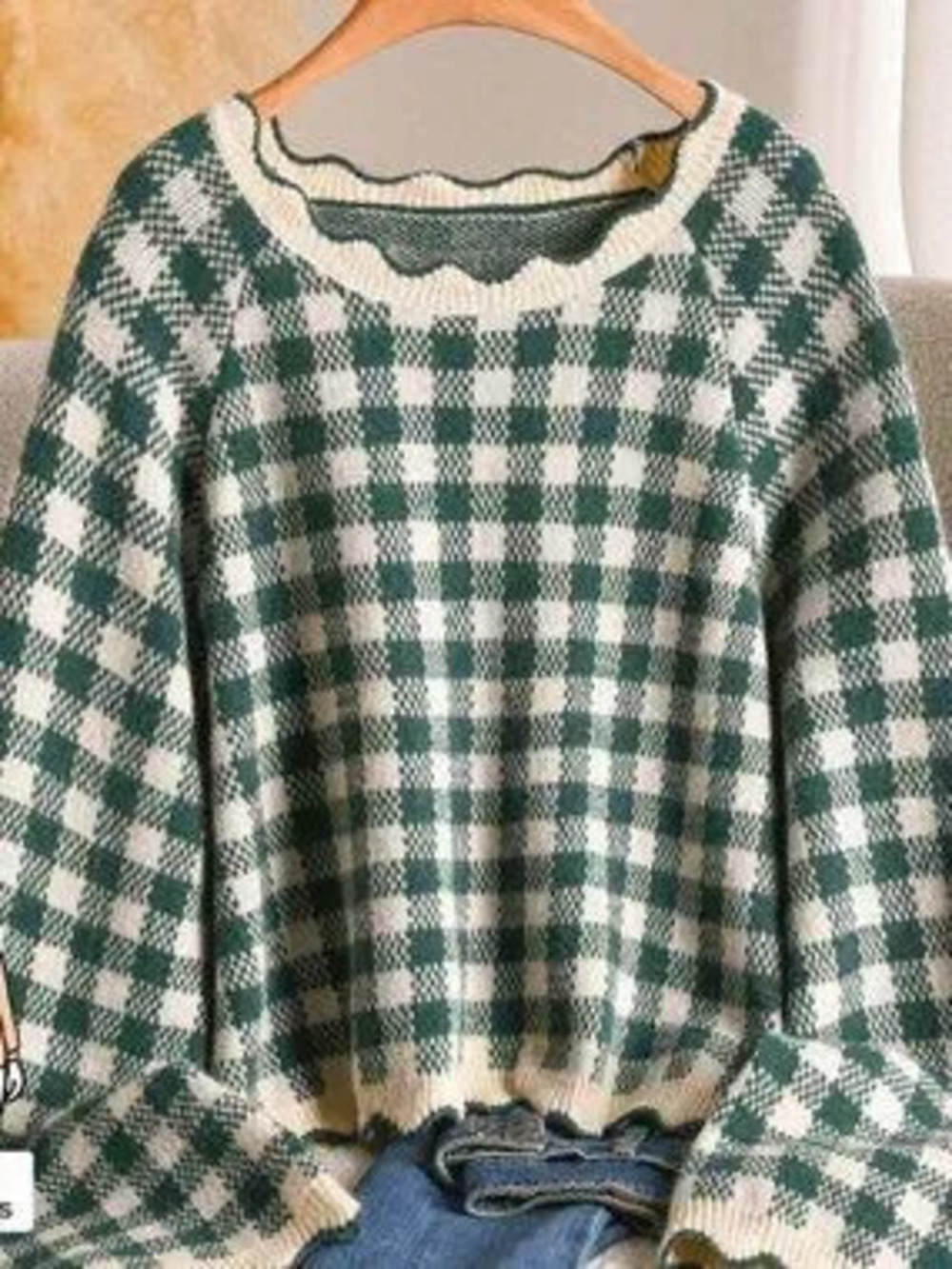 green Casual Slim Fit Women's Round Neck Gingham Plaid Raglan Pullovers - Picture 6 of 6